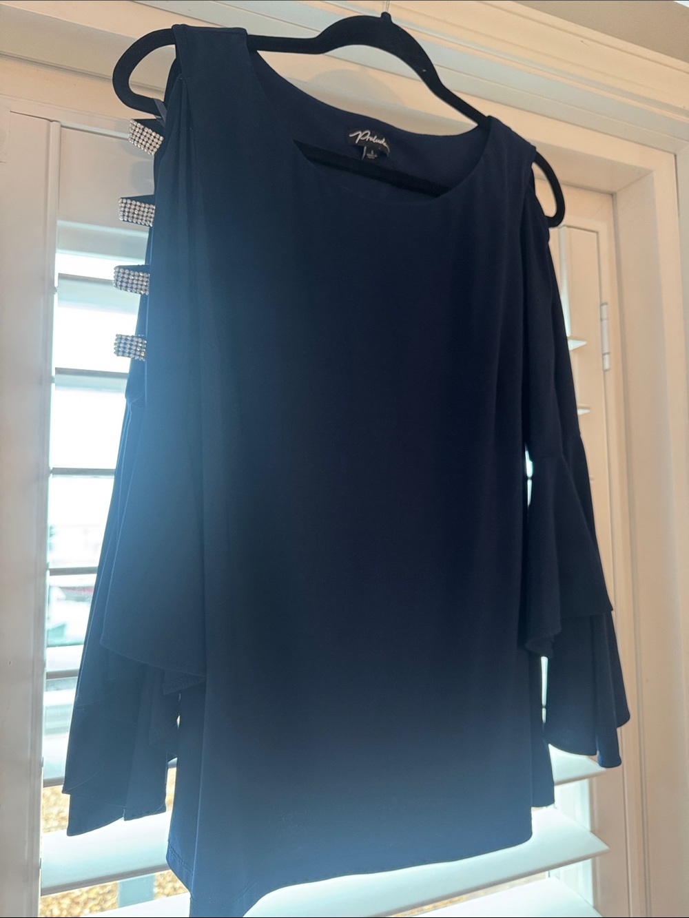 Prelude Navy Cold-Shoulder Open Rhinestone Ruffle Sleeve Top Blouse Large